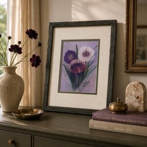 Cleo Signed Original Watercolor Floral Painting Framed Matted Purple Flowers